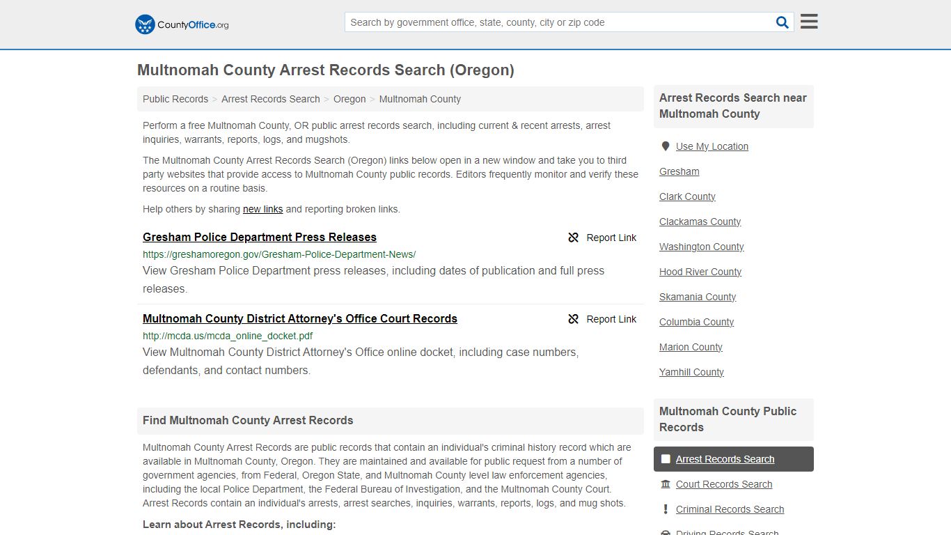 Multnomah County Arrest Records Search (Oregon) - County Office