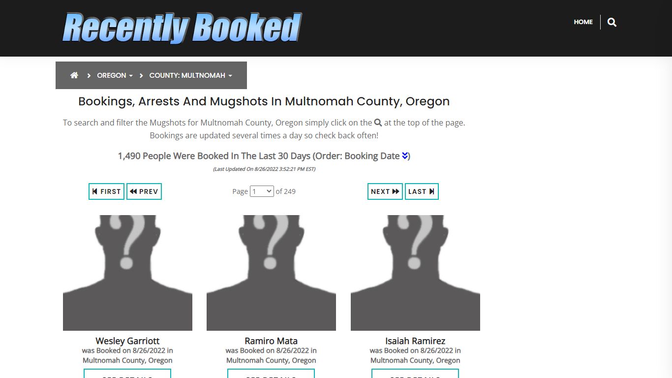 Bookings, Arrests and Mugshots in Multnomah County, Oregon